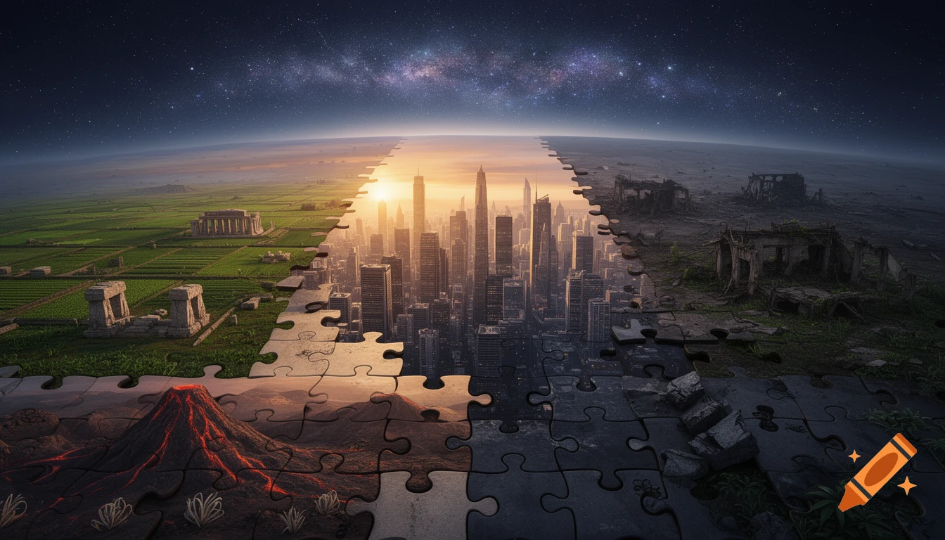 Conceptual image of a world built from puzzle pieces, showing a civilization's evolution from ancient fields to a modern city and desolate ruins.