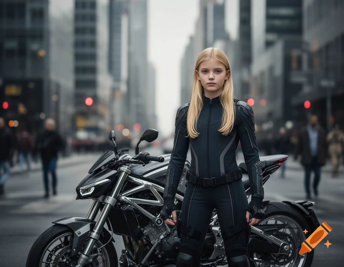 A blonde young girl in a black protective suit stands next to a black motorcycle on a city street with tall buildings in the background.