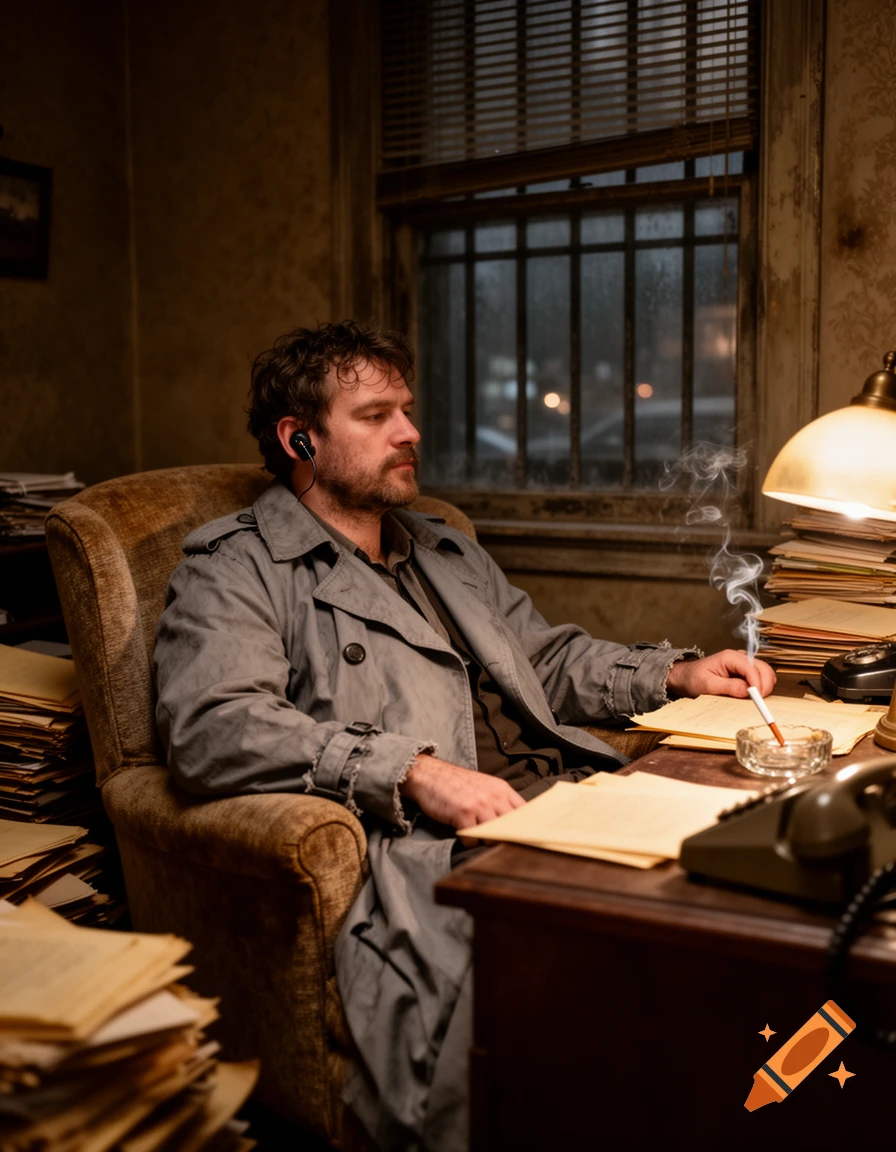 Bearded man in a trench coat and earpiece sitting at a cluttered desk, smoking a cigarette in a dimly lit room.