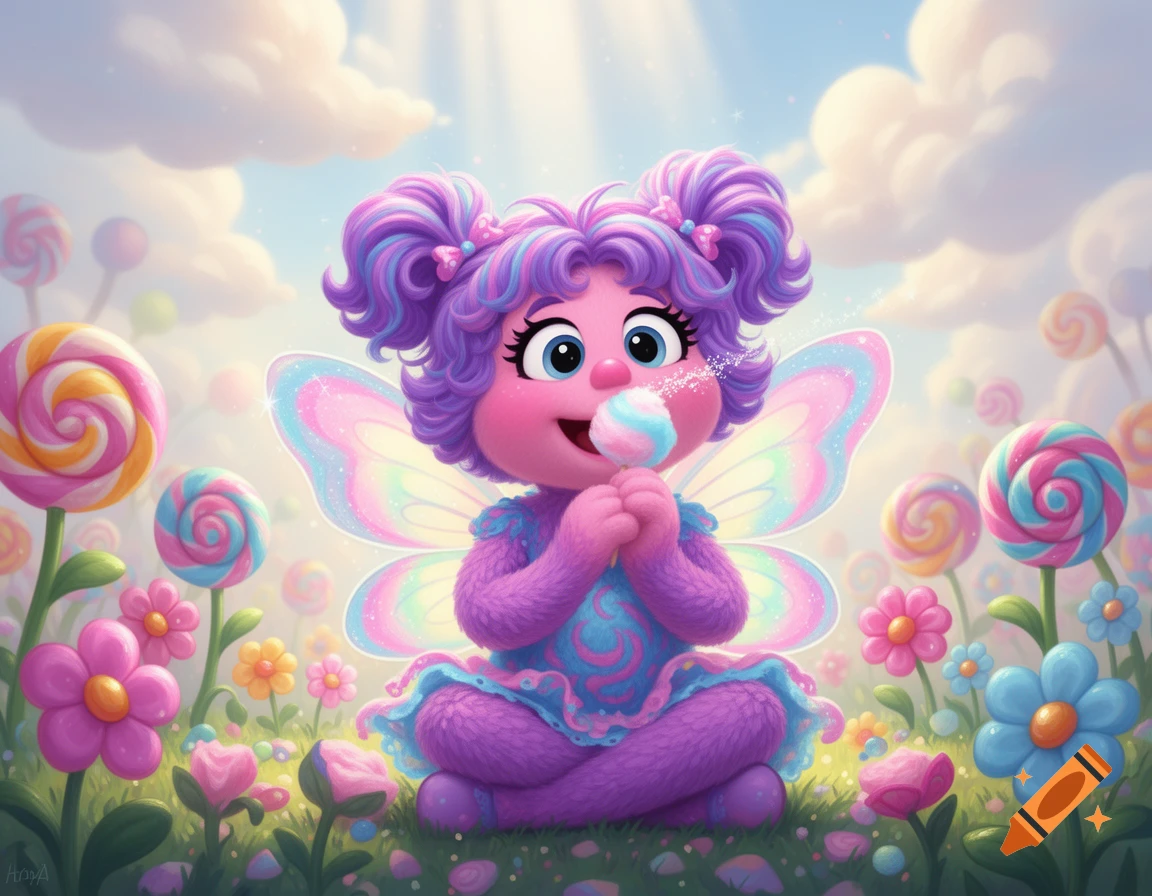 A cute purple fairy-like character with pigtails and pastel wings sits in a field of lollipops and flowers, eating cotton candy.