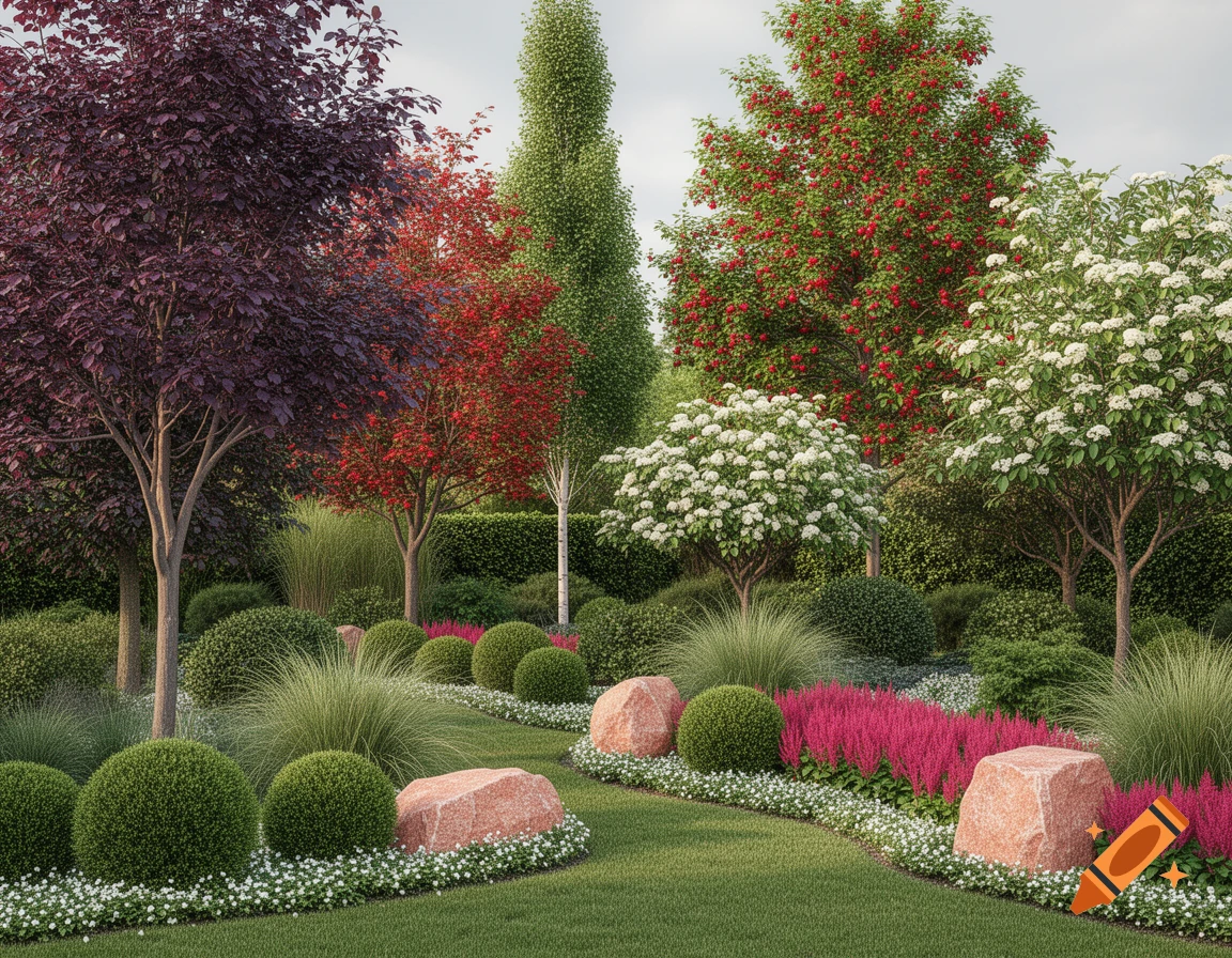 A vibrant garden featuring diverse trees with red, purple, and white blossoms, various green shrubs, a winding path edged with small white flowers, and large coral-colored rocks.