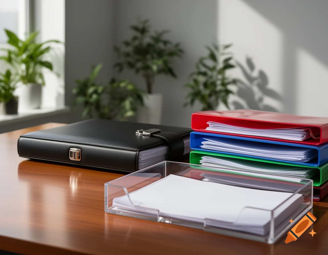 A black document case, a stack of colorful binders, and a clear paper tray with paper on a wooden desk with plants in the background.
