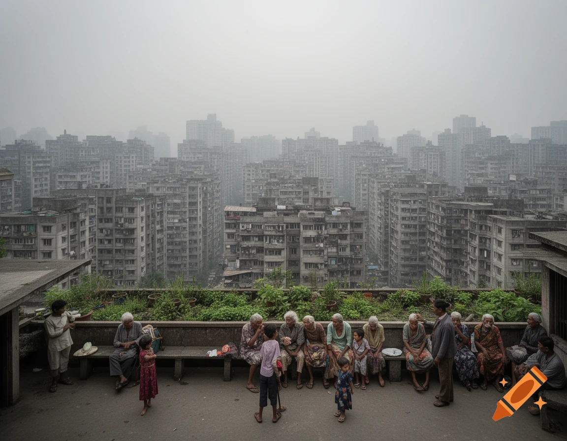 A group of elderly people and children on a rooftop overlooking a vast, hazy city of dense, grey concrete apartment buildings.