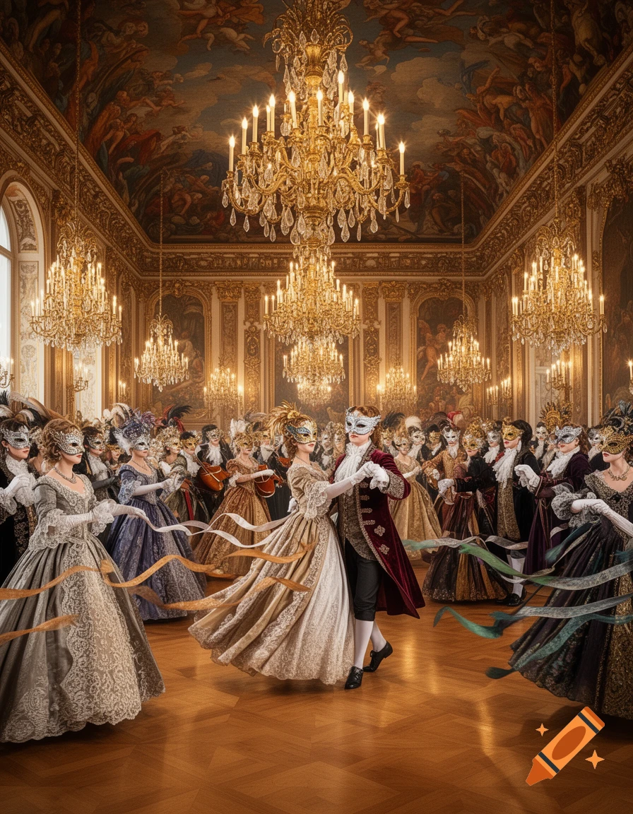 A grand masquerade ball with elegantly dressed people wearing masks, dancing under opulent chandeliers in a lavish ballroom.