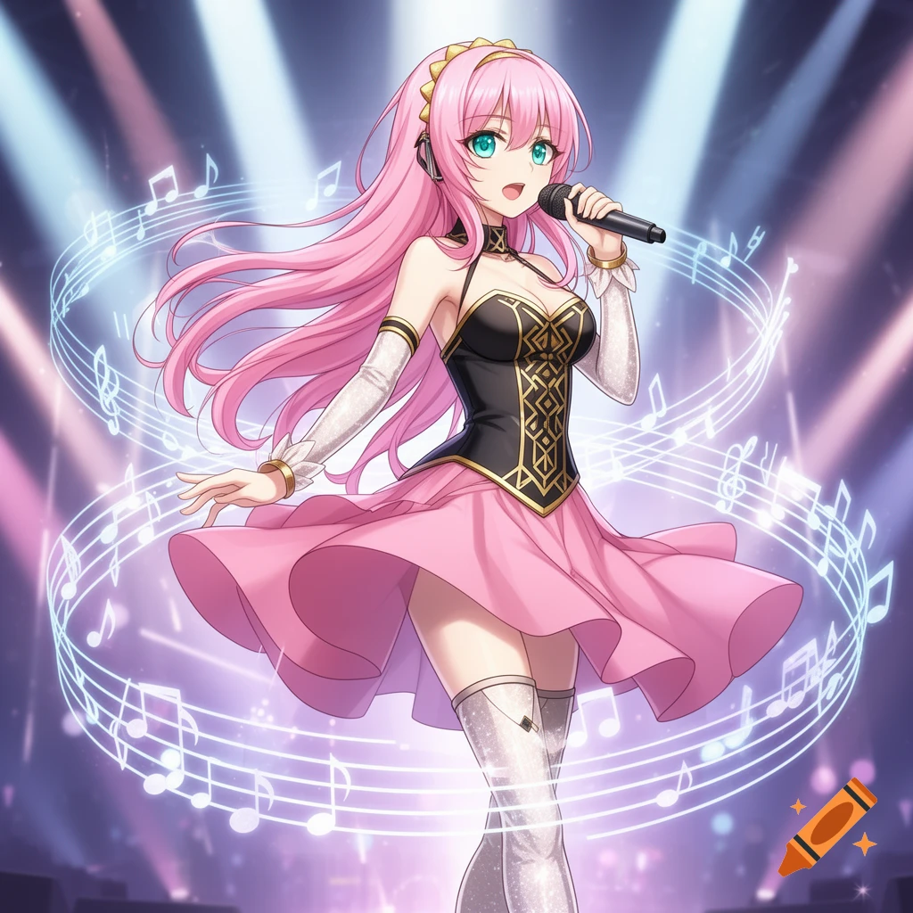 Anime-style Megurine Luka singing into a microphone on a stage, surrounded by musical notes.