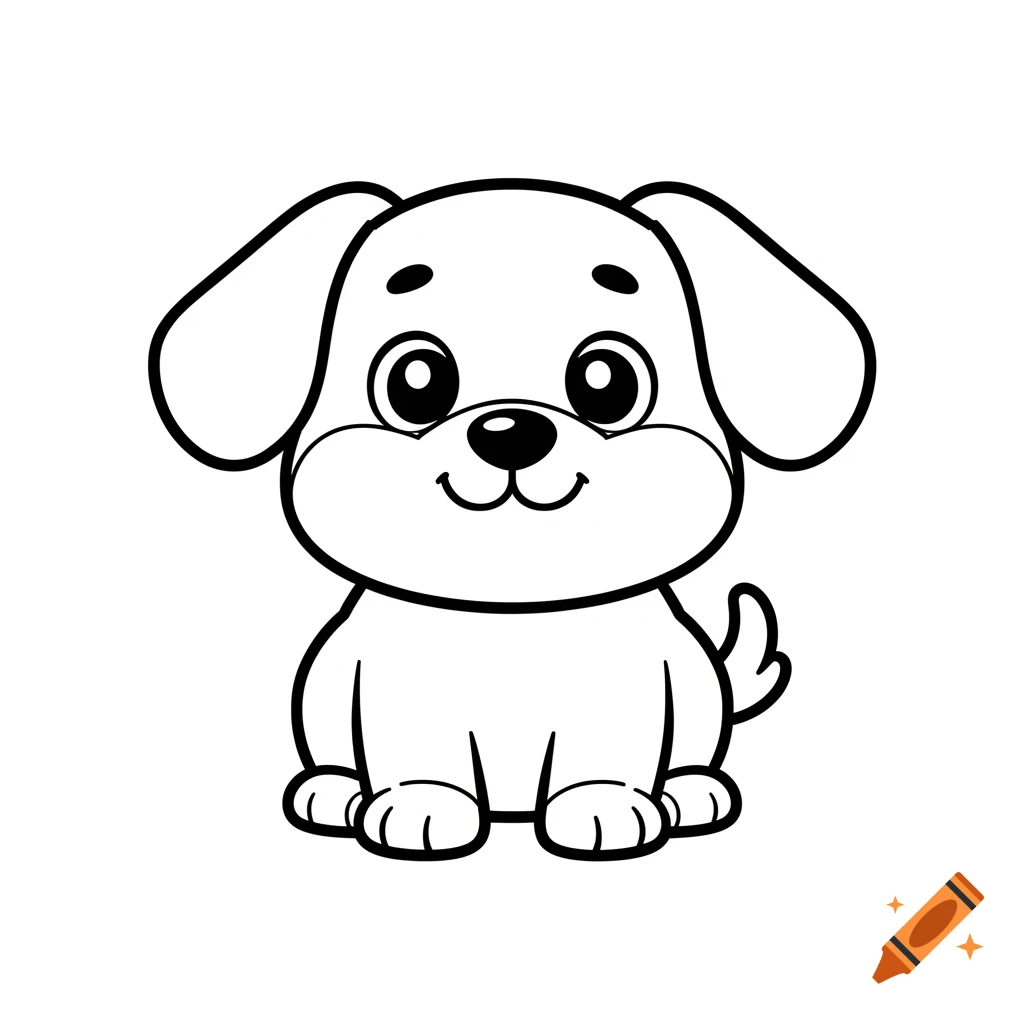 A black and white cartoon puppy coloring page with thick outlines, sitting and smiling, on a white background.