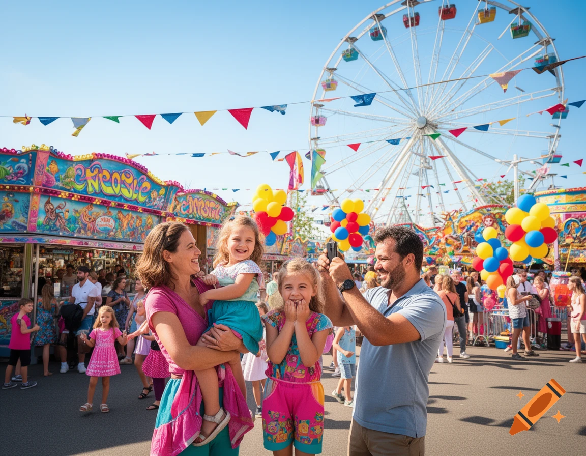 Photorealistic image of a smiling family with two daughters at a bustling amusement park, with a Ferris wheel and colorful rides.
