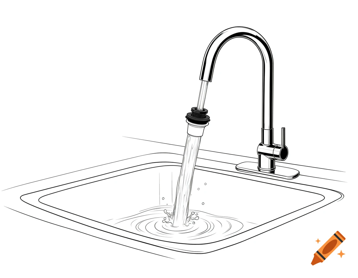 Black and white line drawing of water flowing from an air gap into a kitchen sink, next to a faucet.