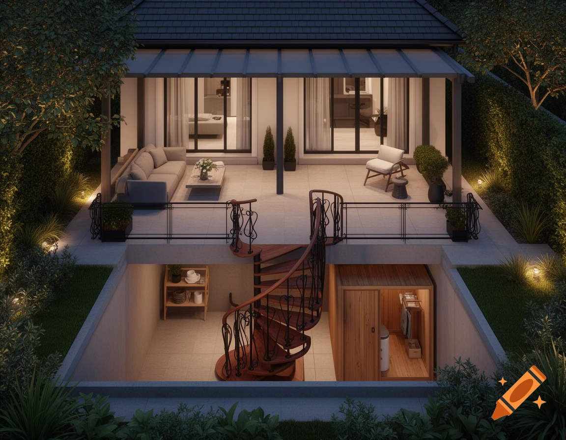 An aerial view of a modern house with a patio, spiral staircase leading to a sunken basement with storage, and lush illuminated greenery.