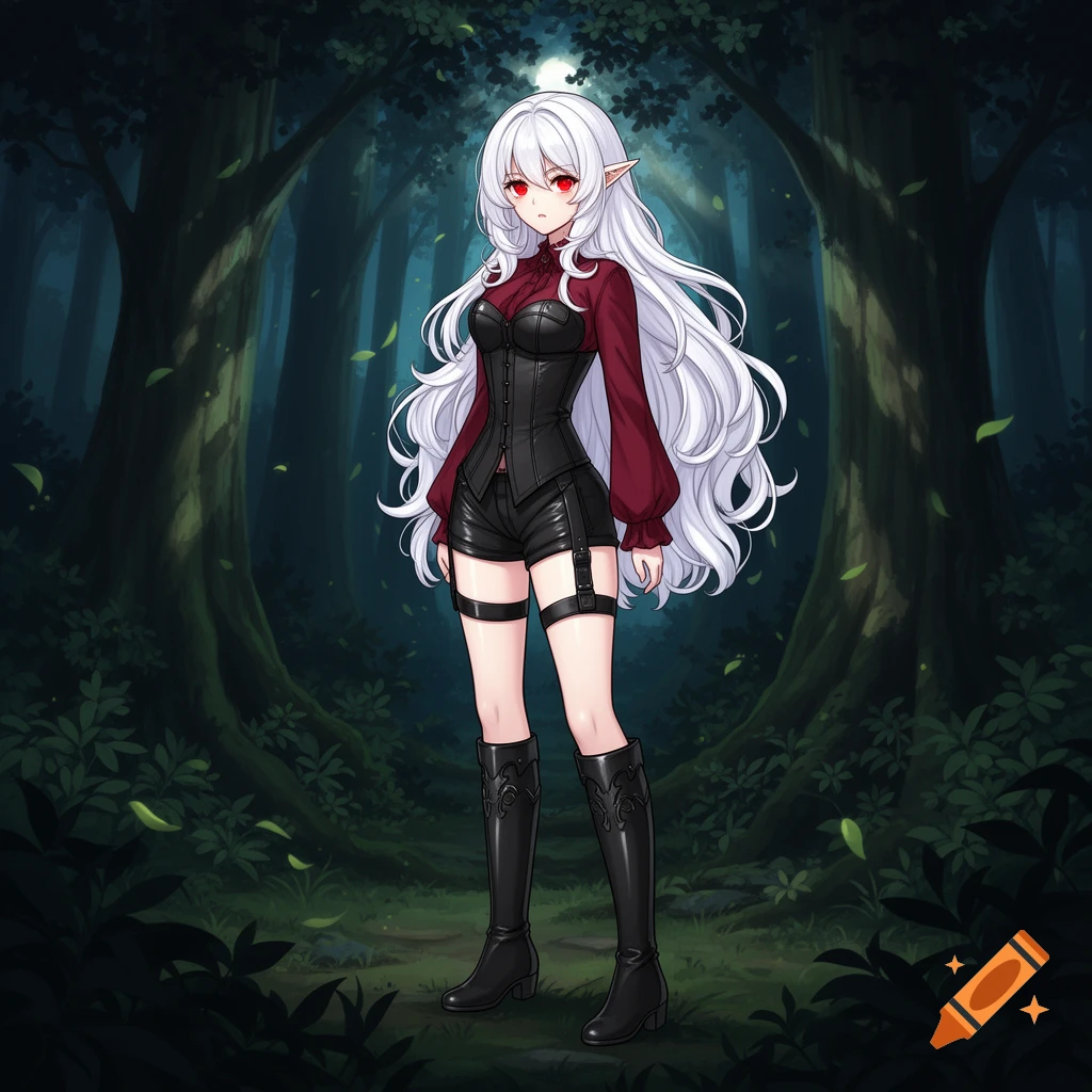 An anime-style elf girl with long white hair, red eyes, a black corset, shorts, and boots stands in a dark forest.