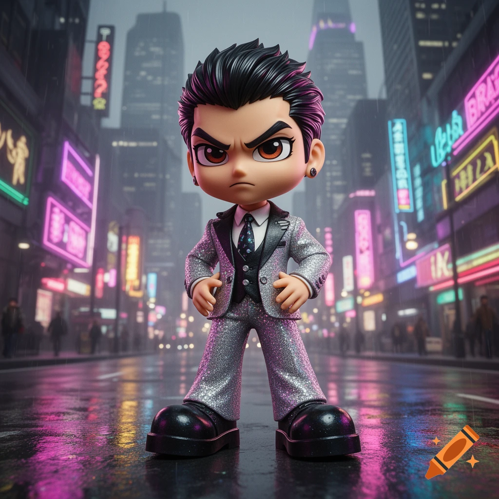 Stylized male doll in a sparkling silver suit, with dark hair and a serious expression, stands on a wet urban street at night with neon lights.