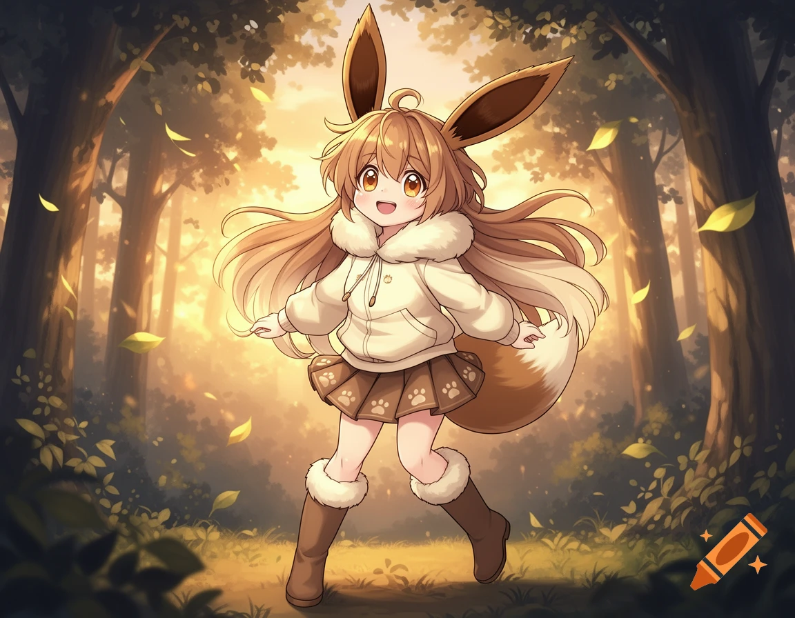 An anime girl with long brown hair, Eevee ears, and a fluffy tail, wearing a white hoodie and brown skirt, stands smiling in a sunlit forest with falling leaves.