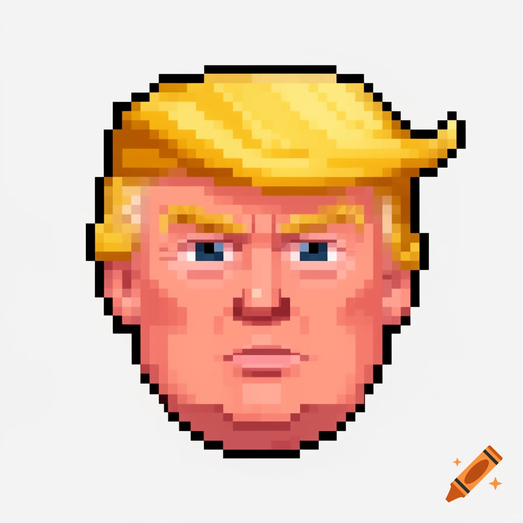 A pixel art sprite of Donald Trump's face on a white background, featuring his signature blond hair and serious expression.
