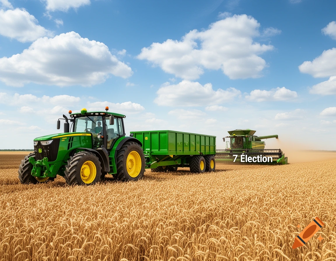 A photorealistic image of a green John Deere tractor pulling a trailer in a golden wheat field, with a combine harvester in the background.