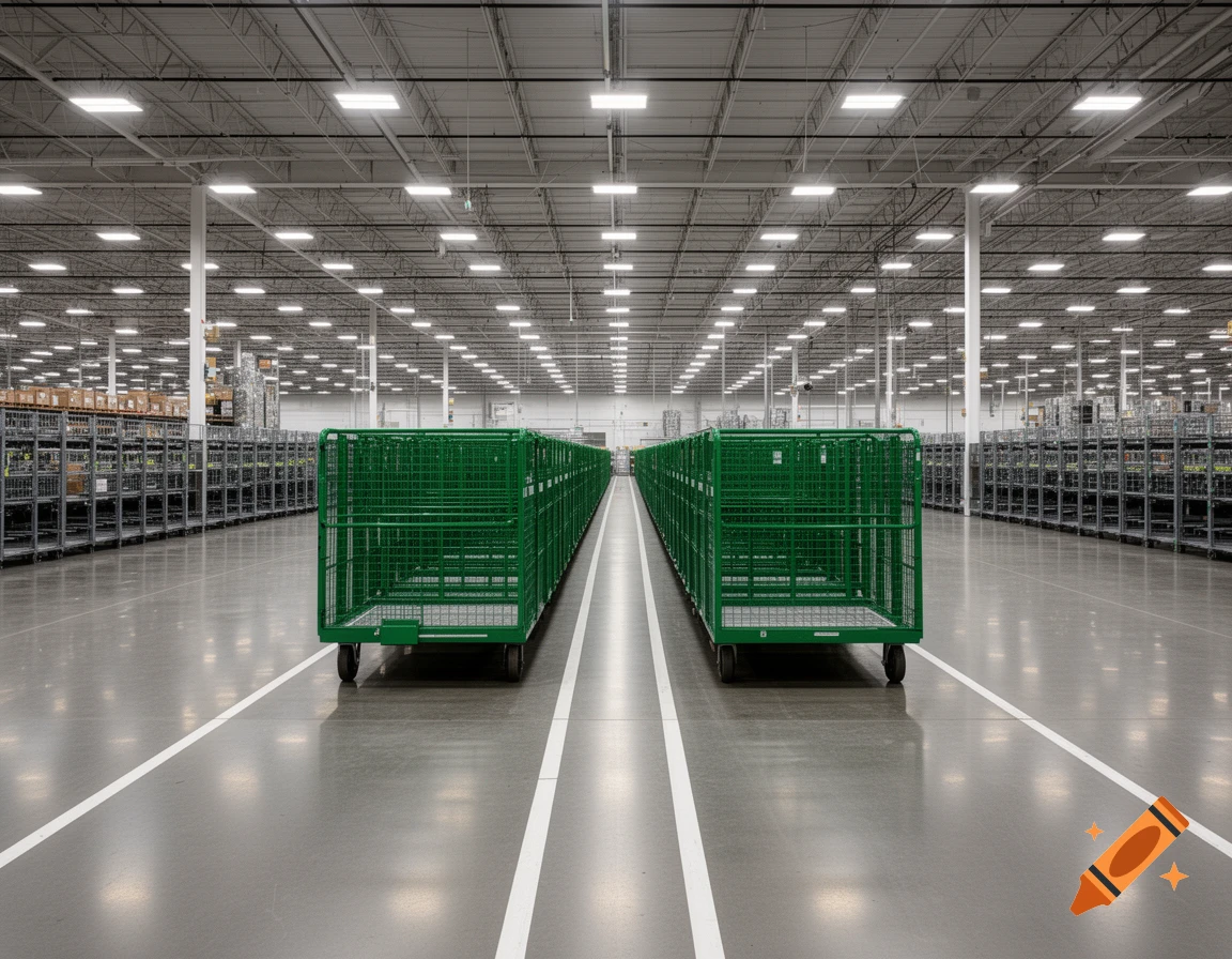 Photorealistic view of a clean, organized Amazon warehouse with two green empty roll cage trolleys neatly parked in designated floor lanes.