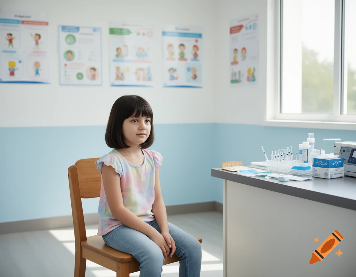 Young girl sits on a wooden chair in a bright, light blue and white medical room. Posters are on the wall and medical supplies on a counter.