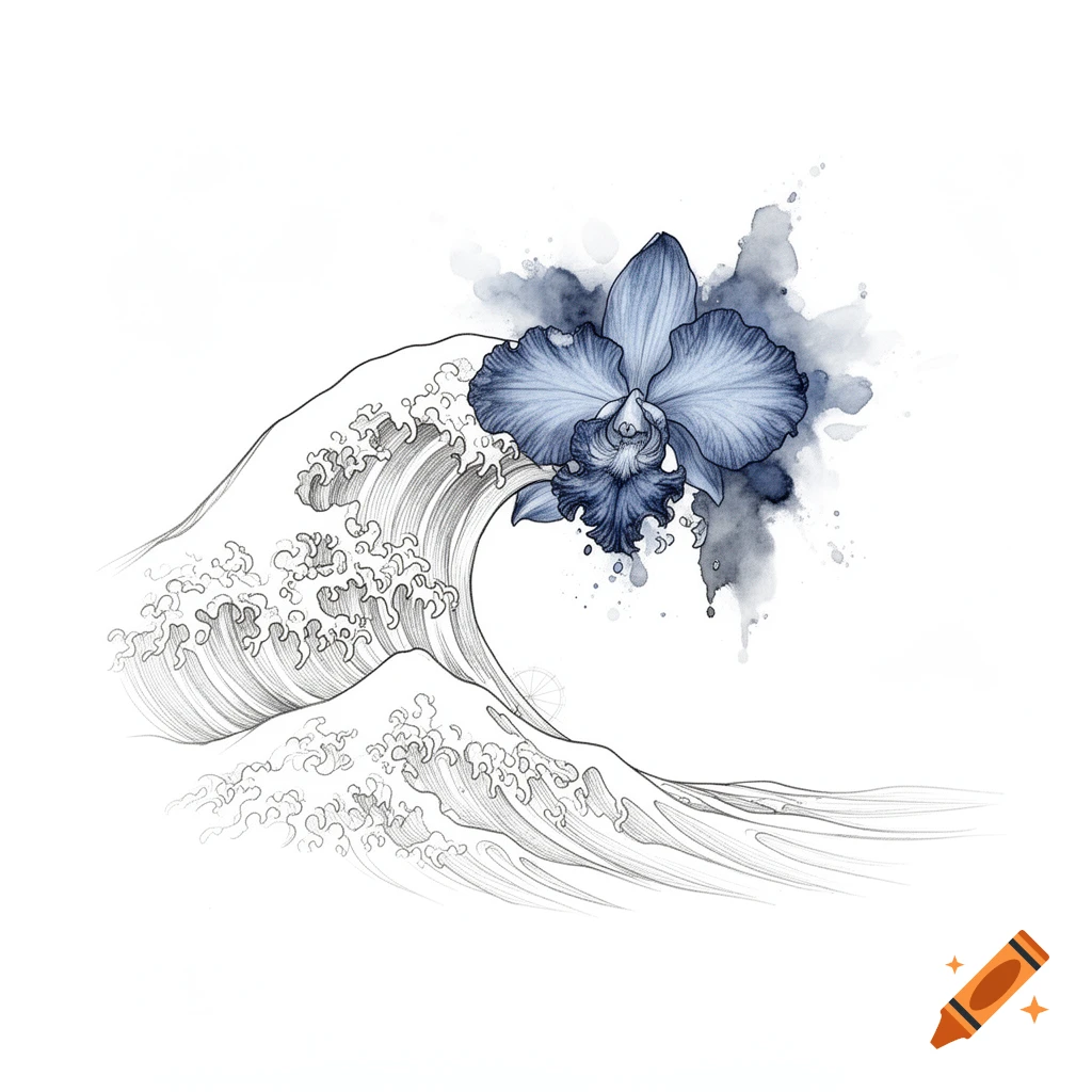 A minimalist fine-line illustration of an ocean wave with its crest transforming into a blue orchid, featuring watercolor splashes.