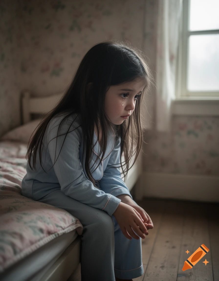 A little girl with long dark hair, wearing blue pajamas, sits crying on the edge of a bed in a softly lit bedroom.