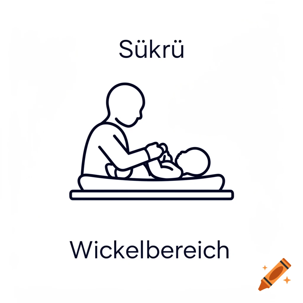 Line art pictogram of an adult changing a baby's diaper on a changing table, with text "Sükrü" and "Wickelbereich".