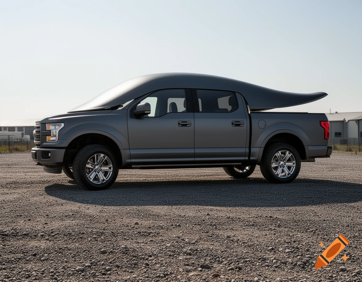 A dark gray pickup truck with an aerodynamic, tapering cap over its cab and bed, parked on a gravel lot under a clear sky.
