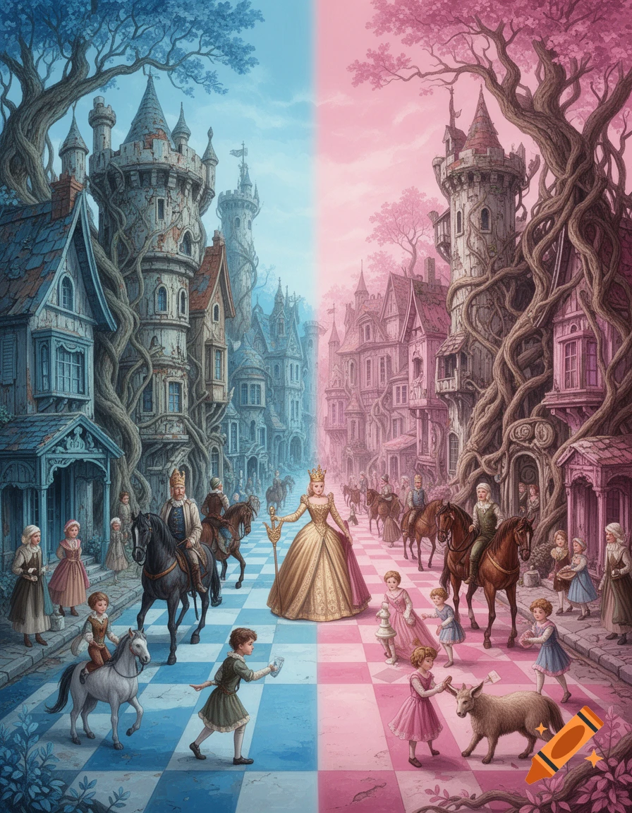 A fantastical town split into blue and pink halves, with chessboard streets, castles, a queen, king, and children.