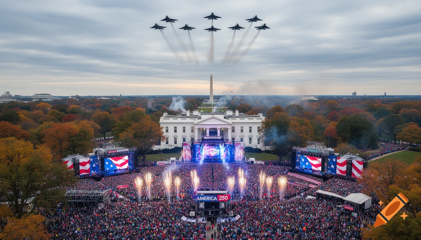 An aerial view of the White House and Washington Monument during a large outdoor concert with fireworks and a military jet flyover.
