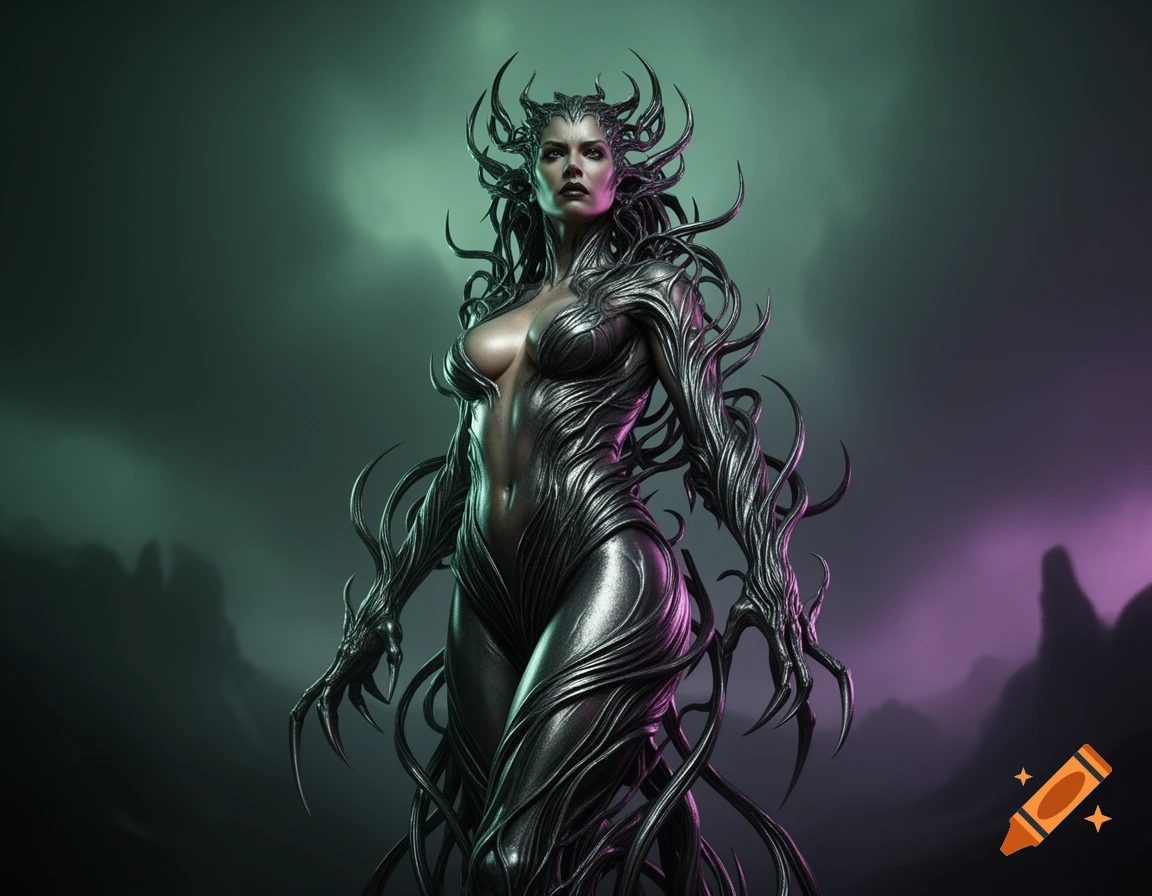 A dark fantasy portrait of an alien woman with metallic, tentacle-like armor and hair, and clawed hands, standing against a misty green and purple background.