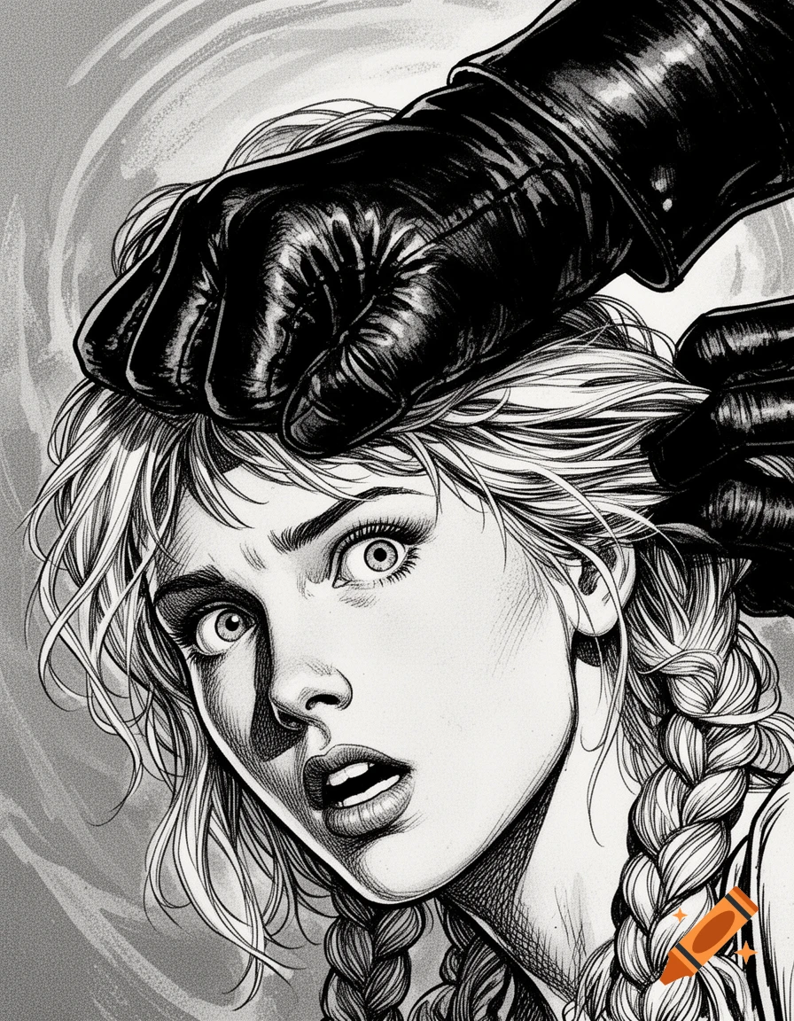 Black and white comic art illustration of a terrified blonde woman with braids, her hair gripped by a gloved hand.