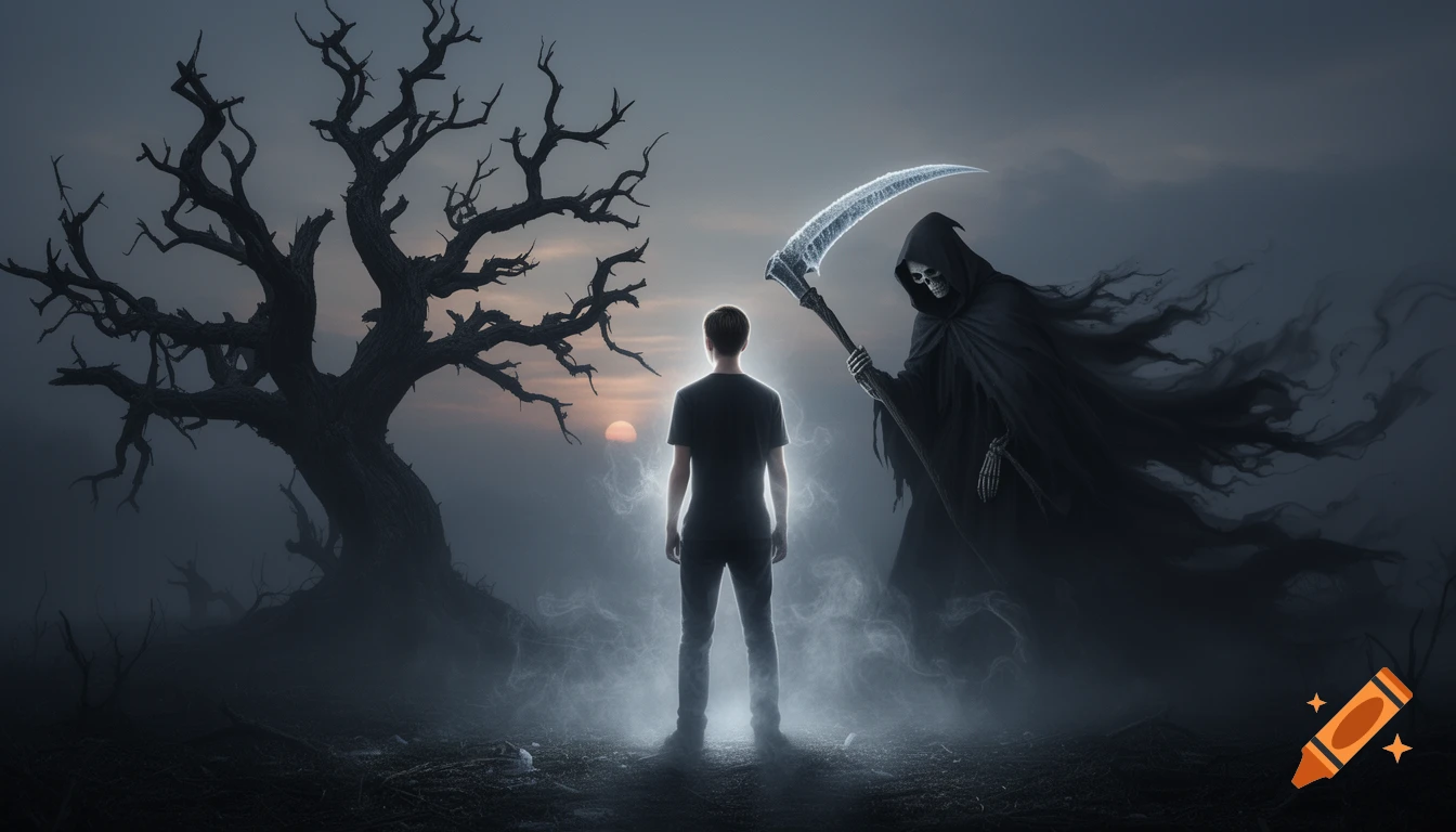A young man faces a menacing Grim Reaper holding a scythe, standing before a withered tree in a dark, misty landscape at sunset.