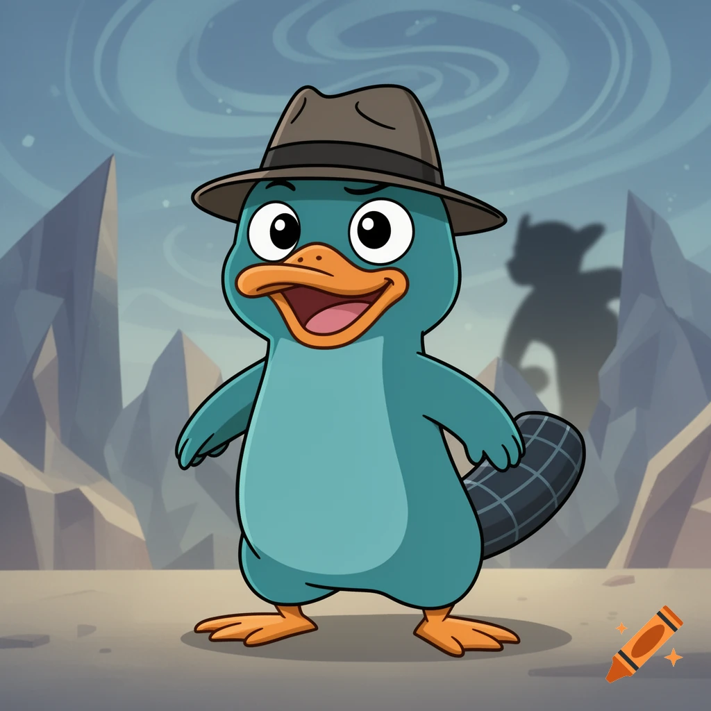 Perry the Platypus, a teal platypus wearing a brown fedora, stands in a cartoonish landscape with sharp mountains and a swirling sky.