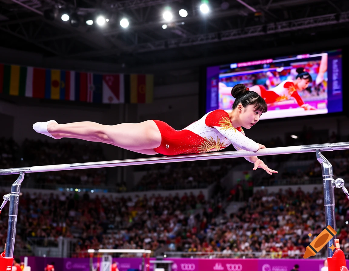 Female gymnast in a red and white leotard performs on a horizontal bar during a competition in a packed arena.
