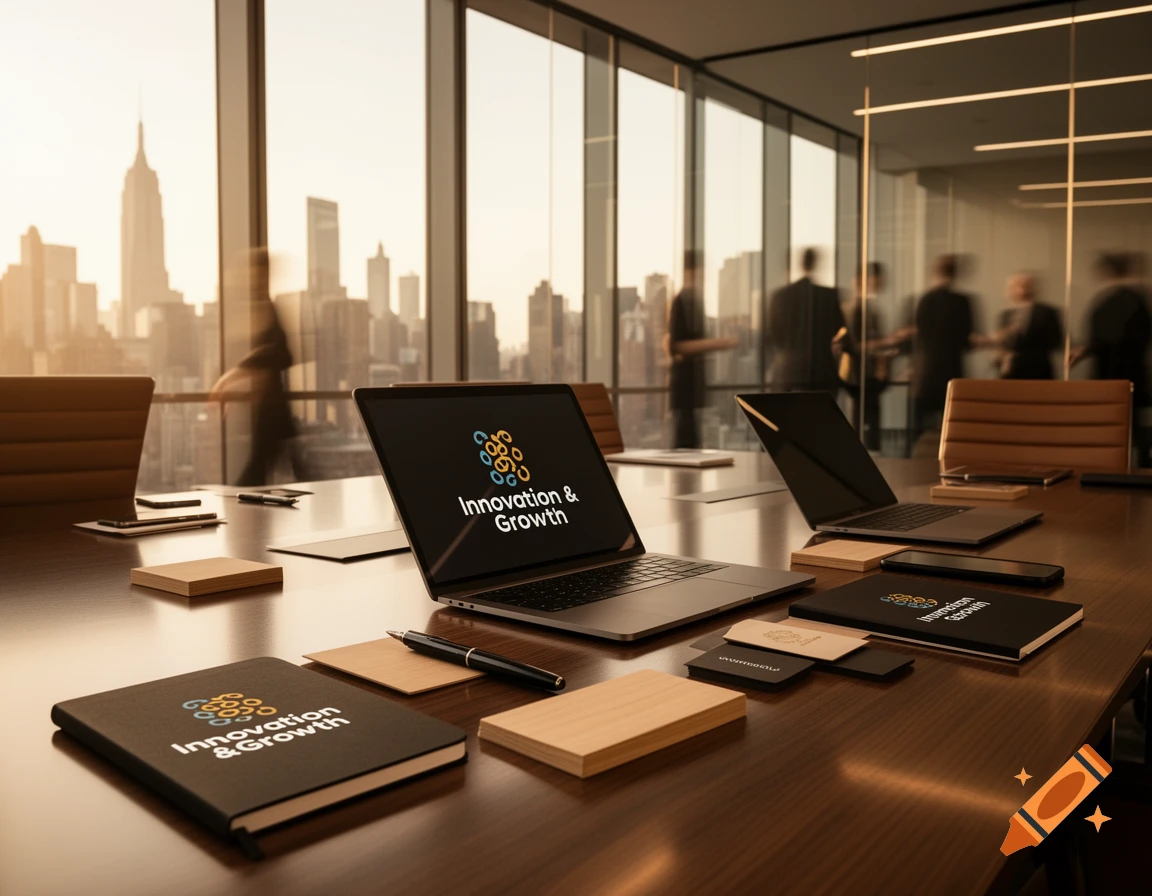 Professional meeting room table with laptops and notebooks, some displaying 'Innovation & Growth' logo, against a city skyline at sunset.