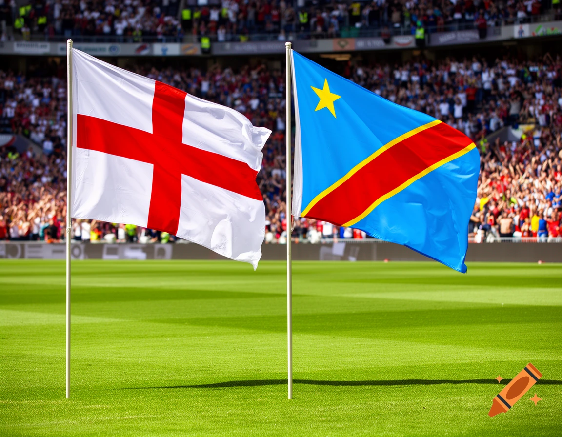 Flags of England and the Democratic Republic of Congo flying in a sunny stadium with crowds in the background.