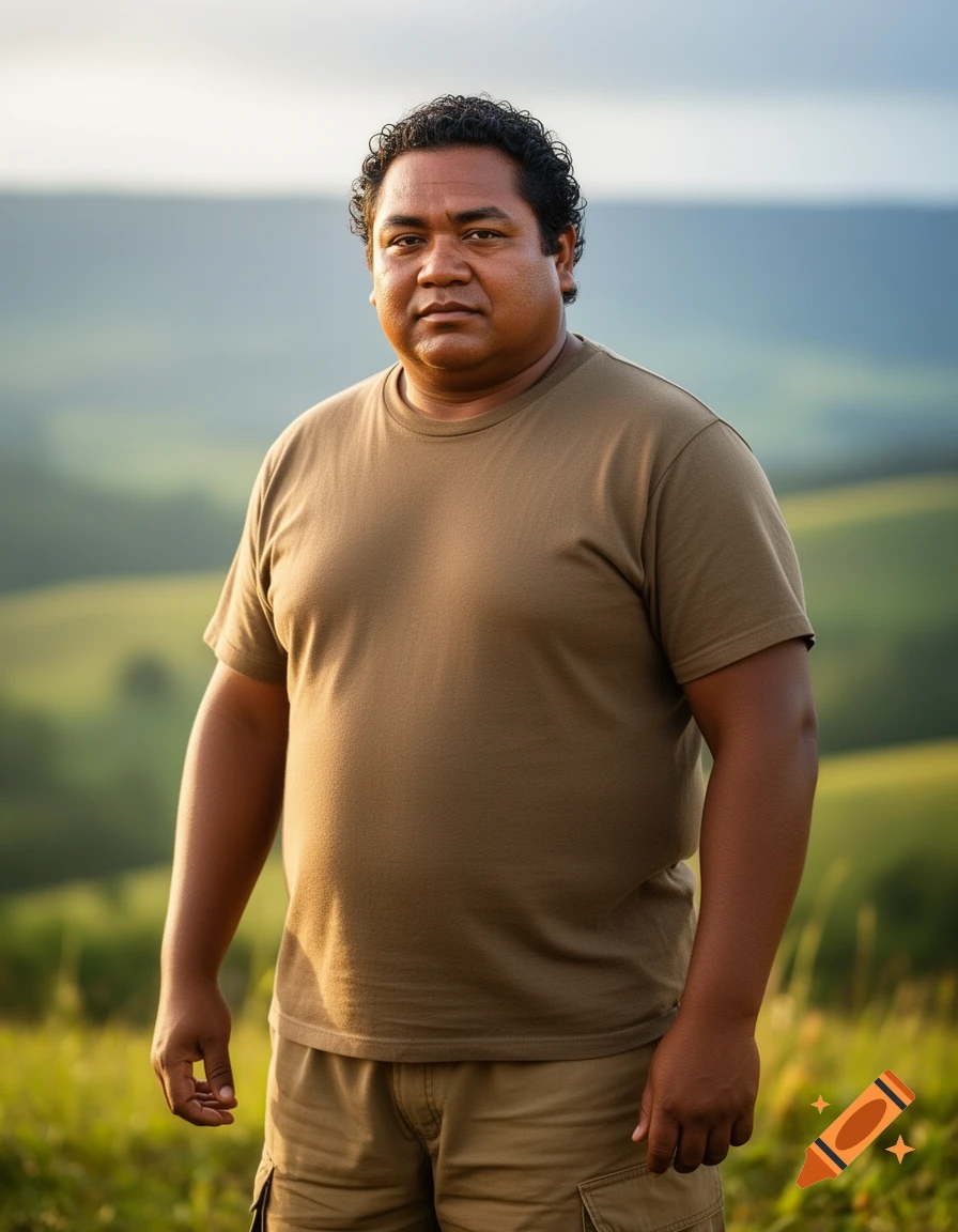 A stocky man of Polynesian descent with curly dark hair stands in a grassy outdoor landscape, looking forward.