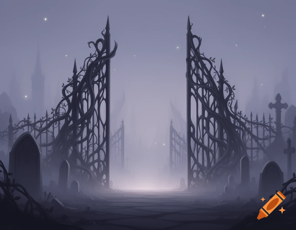 Stylized illustration of ornate gothic cemetery gates flanked by gravestones in a misty, dark setting.
