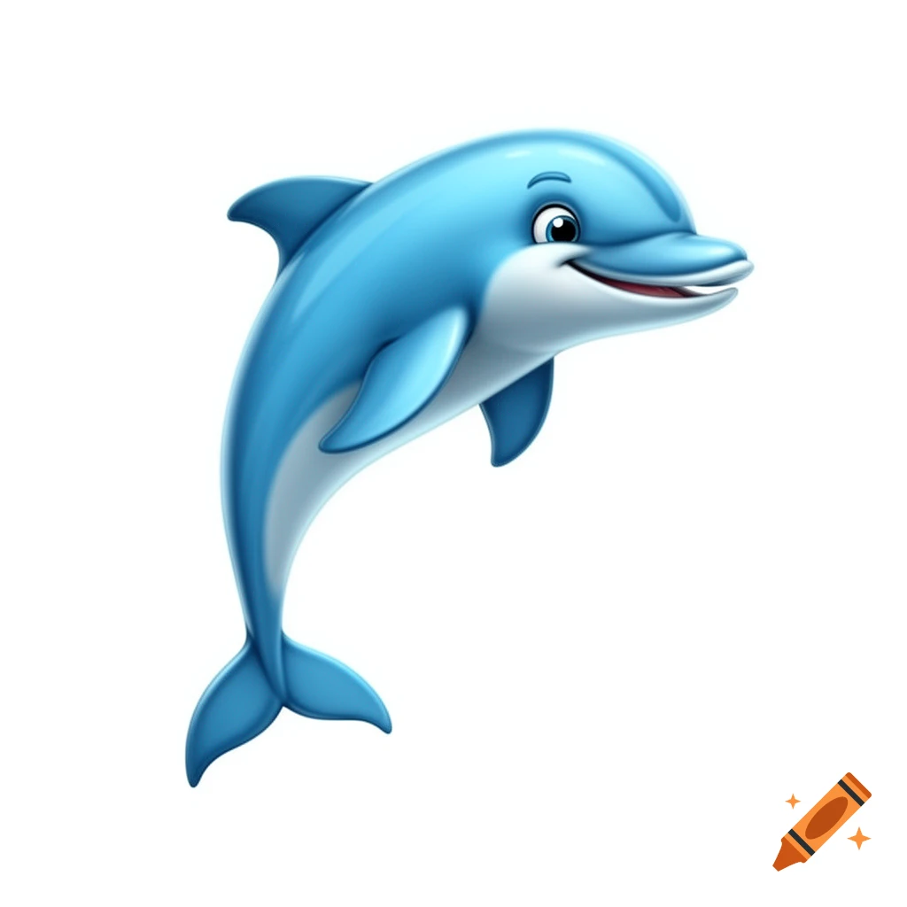 A smiling blue cartoon dolphin with a white underbelly, leaping gracefully against a clean white background.