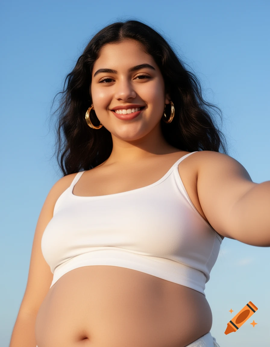 Smiling teenage Hispanic woman in a white crop top and hoop earrings takes a selfie against a clear blue sky.