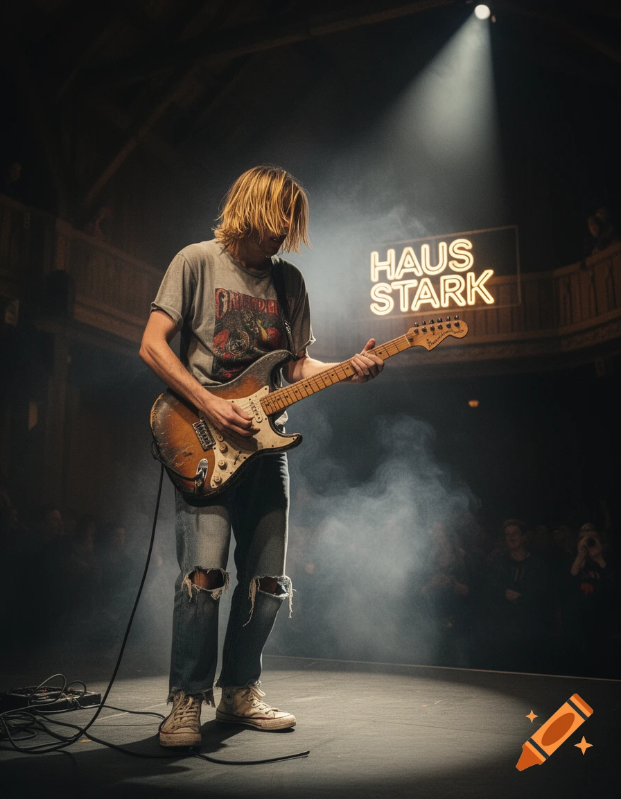 A long-haired male musician with a distressed guitar plays on a smoky stage under a spotlight, with a neon "HAUS STARK" sign in the background.