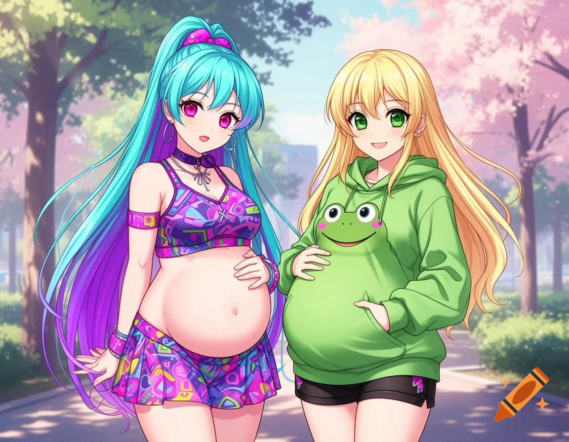 Two anime women, one with turquoise and violet hair in a Y2K crop top, and one with blonde hair in a frog hoodie, both pregnant, walking in a park.