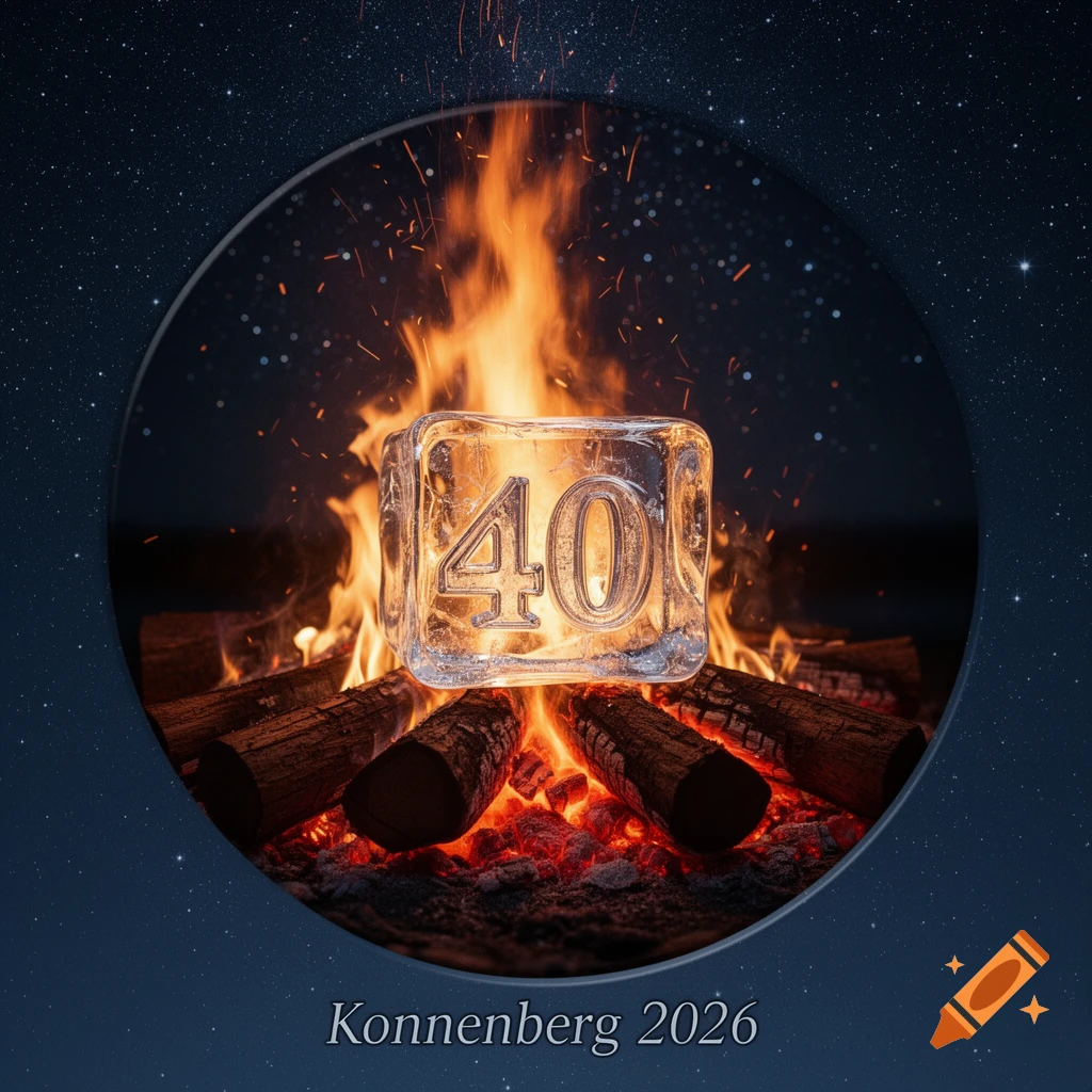 Photorealistic image of a campfire with an ice cube containing '40' centered, set against a starry night sky with 'Konnenberg 2026' text below.