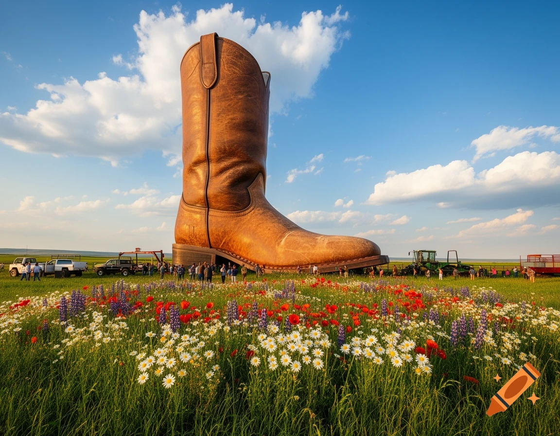 Giant worn leather cowboy boot in a wildflower meadow, towering over people, trucks, and farm equipment under a blue sky.