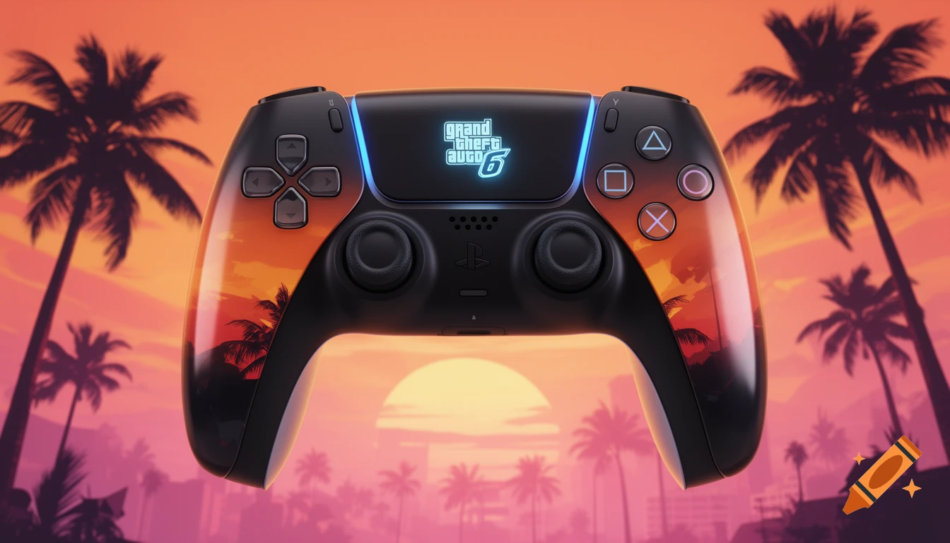 A black PlayStation controller customized with a Grand Theft Auto 6 logo and a Miami sunset design featuring palm tree silhouettes.