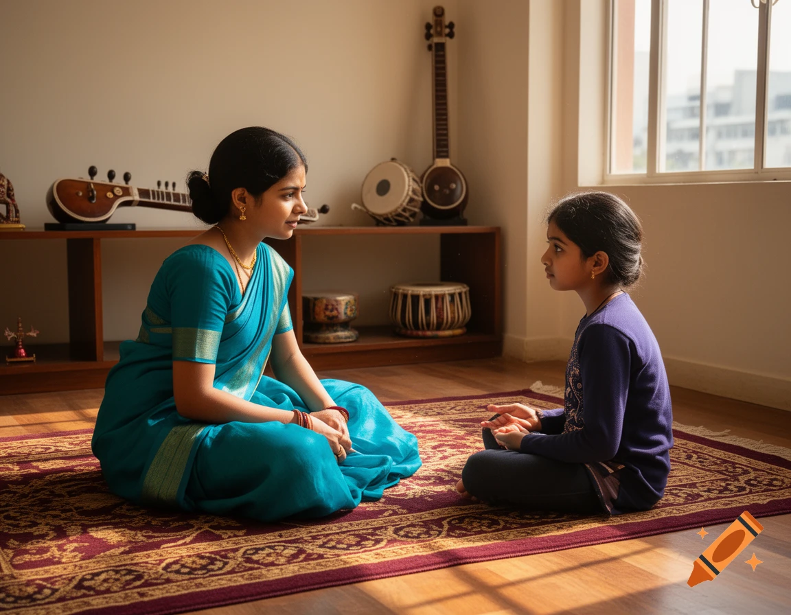 Two Indian females, an adult in a teal saree and a young girl, sit facing each other on a patterned rug in a sunlit room with musical instruments.
