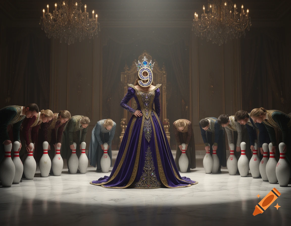 A queen with a number 9 for a face stands in a grand palace hall, surrounded by bowing figures attending to bowling pins, photorealistic style.