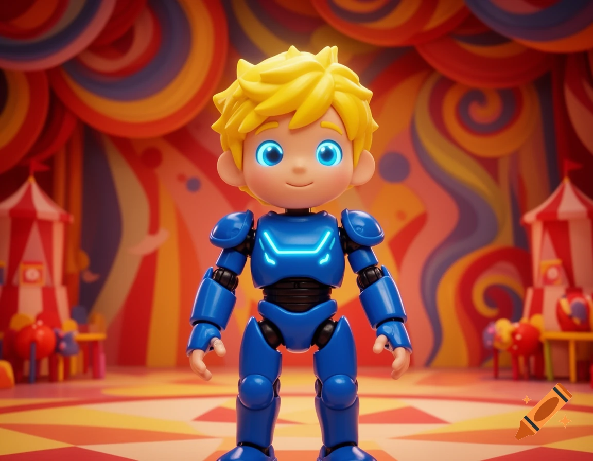 A friendly, stylized robot-like action figure with yellow hair and glowing blue eyes, wearing cobalt-blue armor, stands in a vibrant digital circus room.