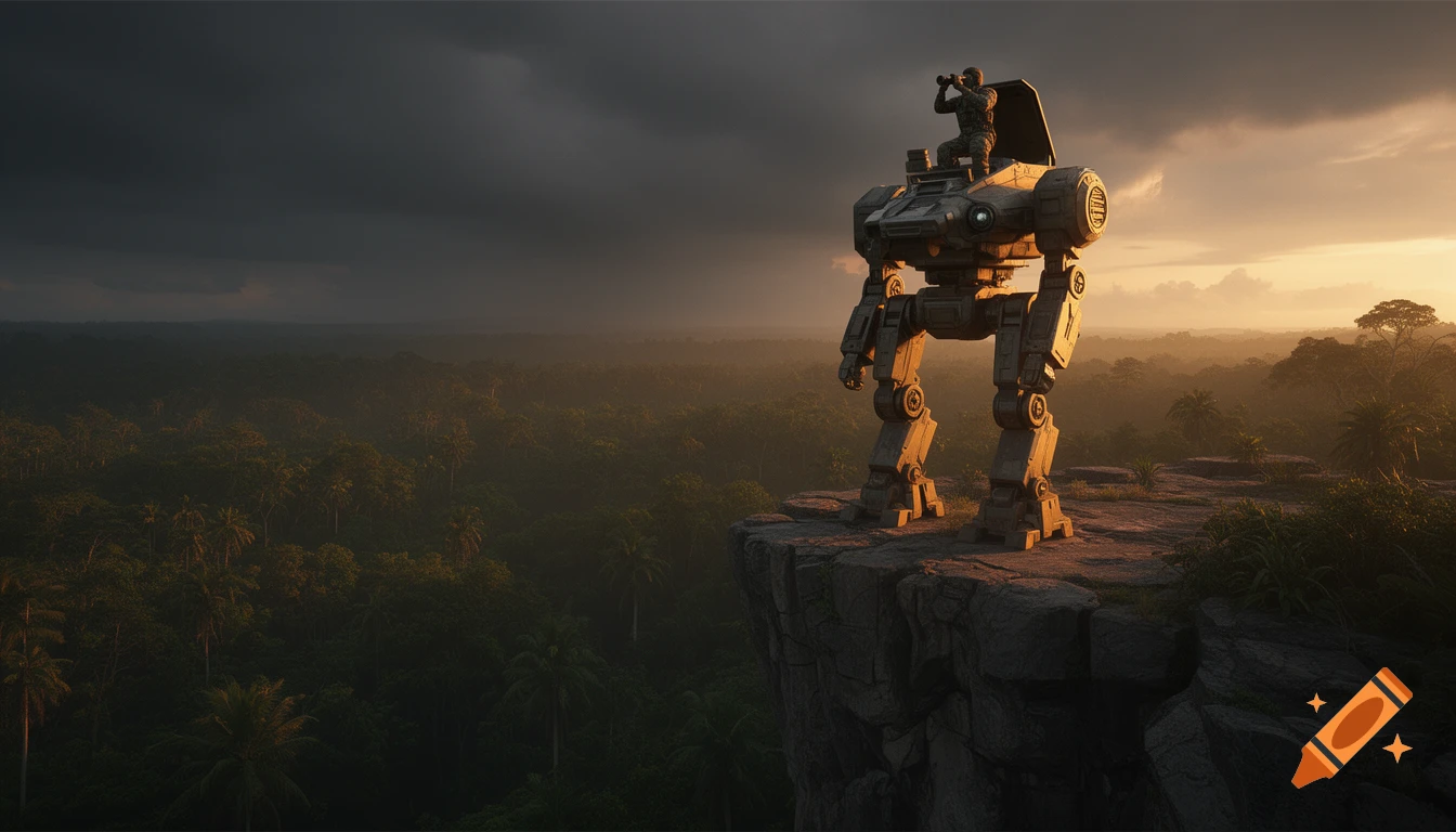 A pilot on a large BattleMech stands on a rocky cliff, looking through binoculars over a vast jungle at sunset with a dramatic sky.