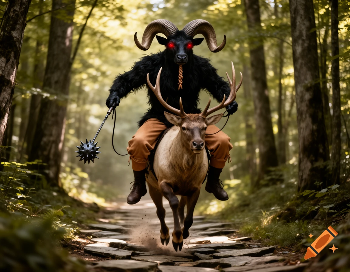 A black goat-headed creature with glowing red eyes and ram horns, dressed in brown breeches, rides a galloping elk on a flagstone path through a lush forest, wielding a spiked flail.