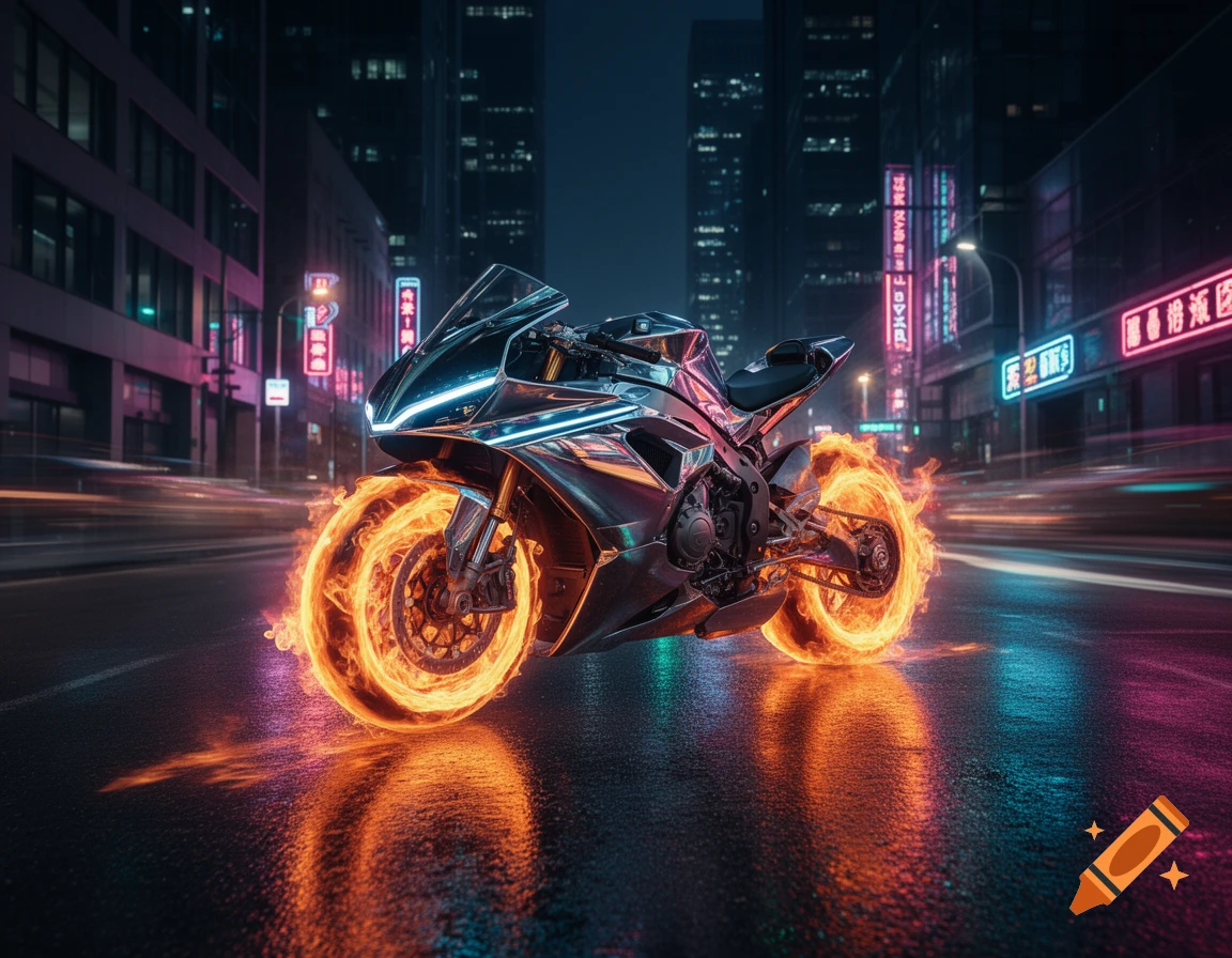 A high-tech metallic motorcycle with glowing blue accents and wheels of fire on a wet street in a futuristic city at night with neon lights.