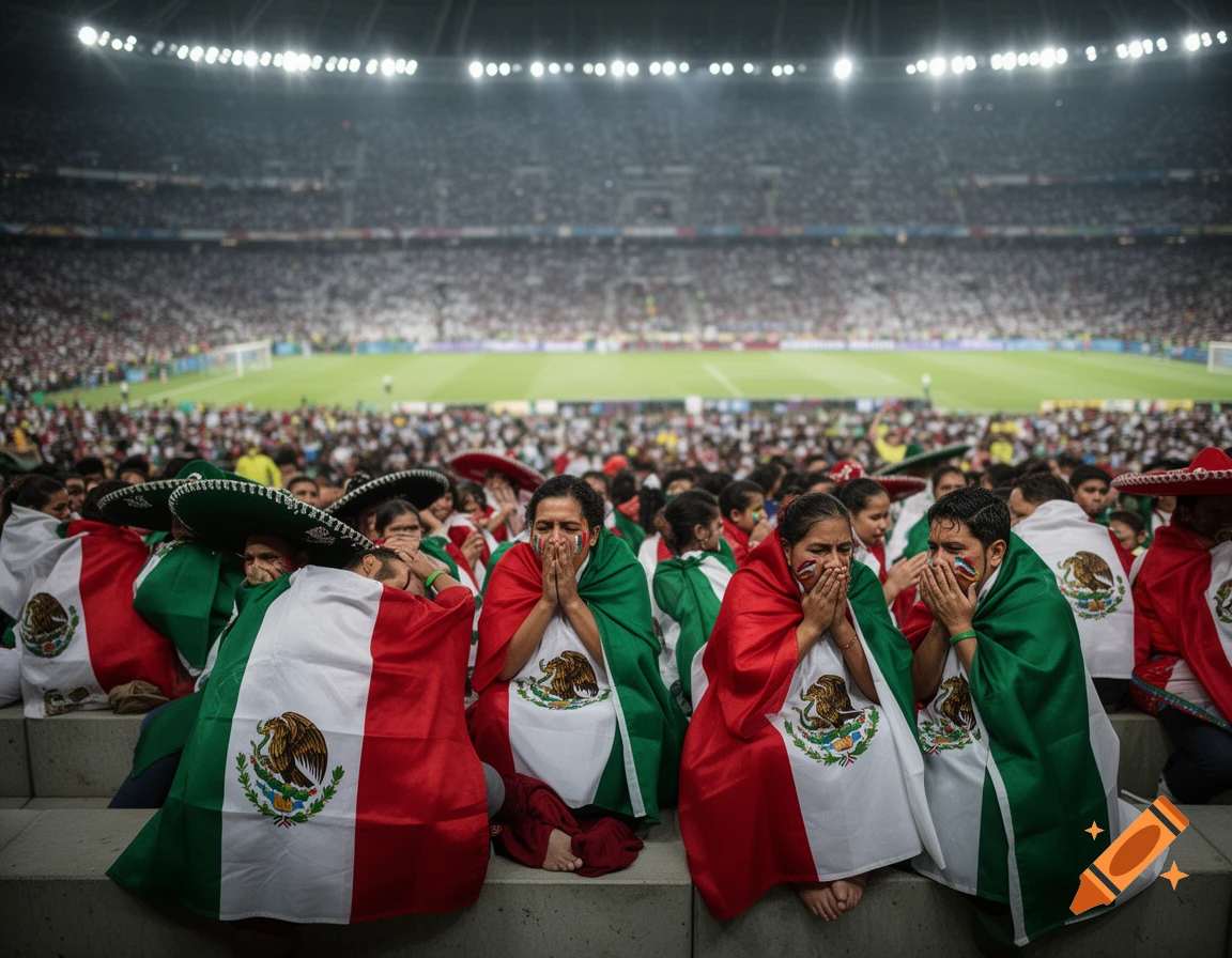 Crying Mexican soccer fans wrapped in national flags in a stadium.