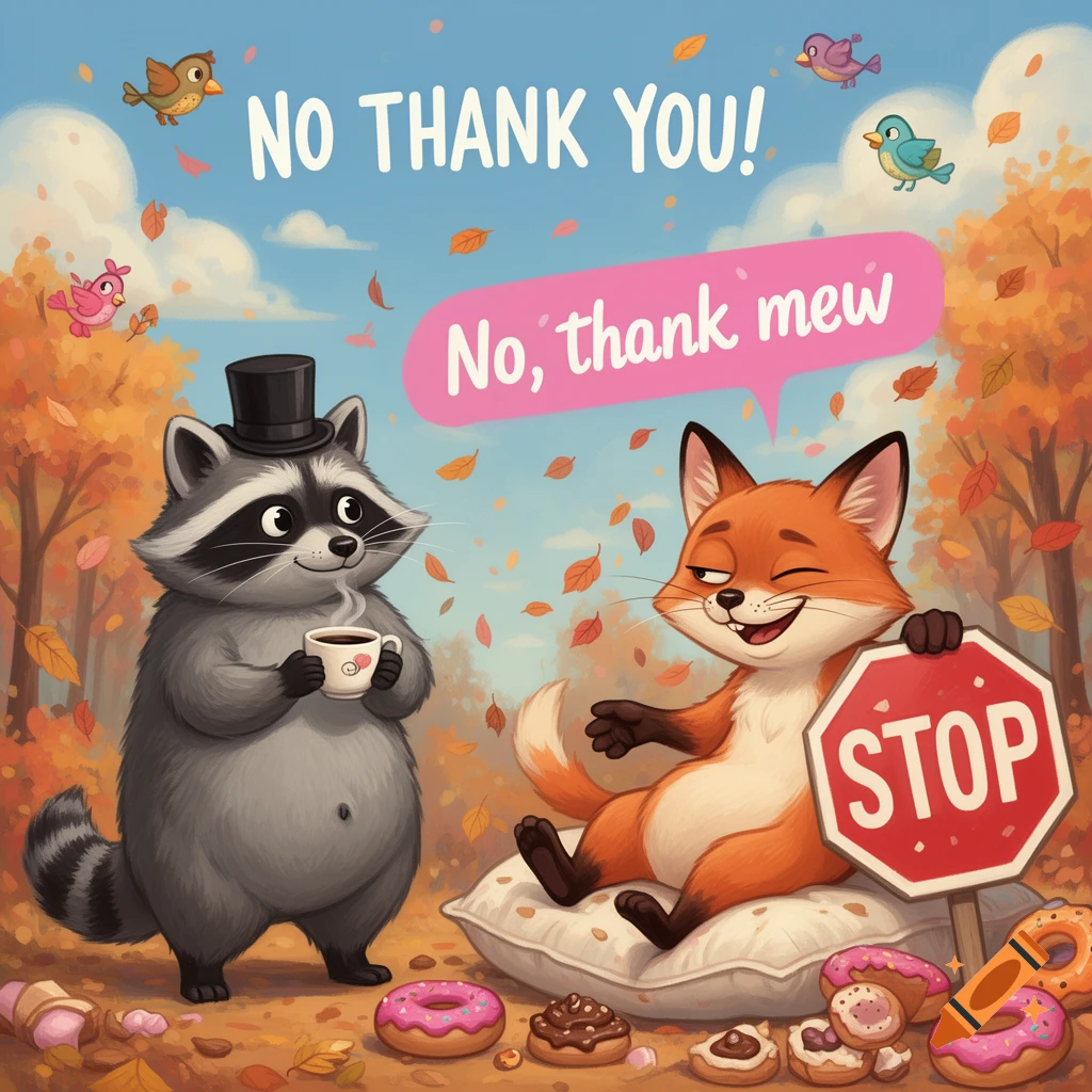 A cartoon raccoon and a fox in an autumn forest with falling leaves and donuts. The raccoon holds a coffee cup, and the fox holds a STOP sign. Text reads "NO THANK YOU!" and "No, thank mew".